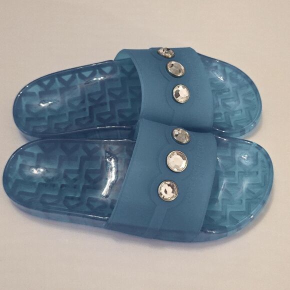 BRAND NEW KARL LAGERFELD TEAL SLIDE with CRYSTAL DETAILS SANDAL R3 - Picture 13 of 16